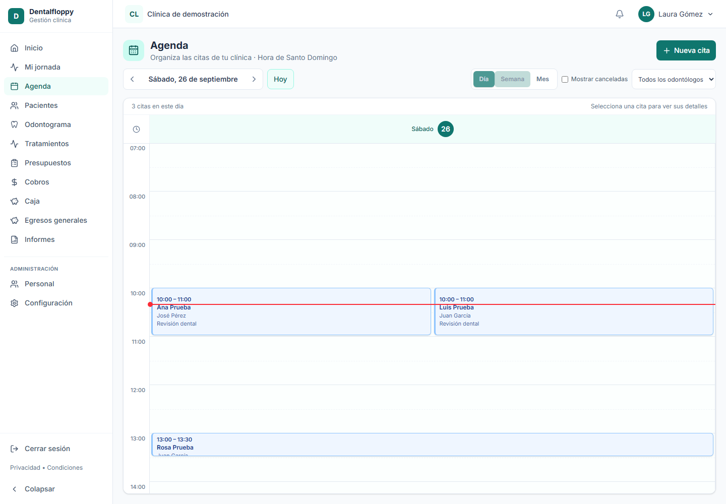 Agenda de Dentalfloppy con citas simultáneas de distintos odontólogos