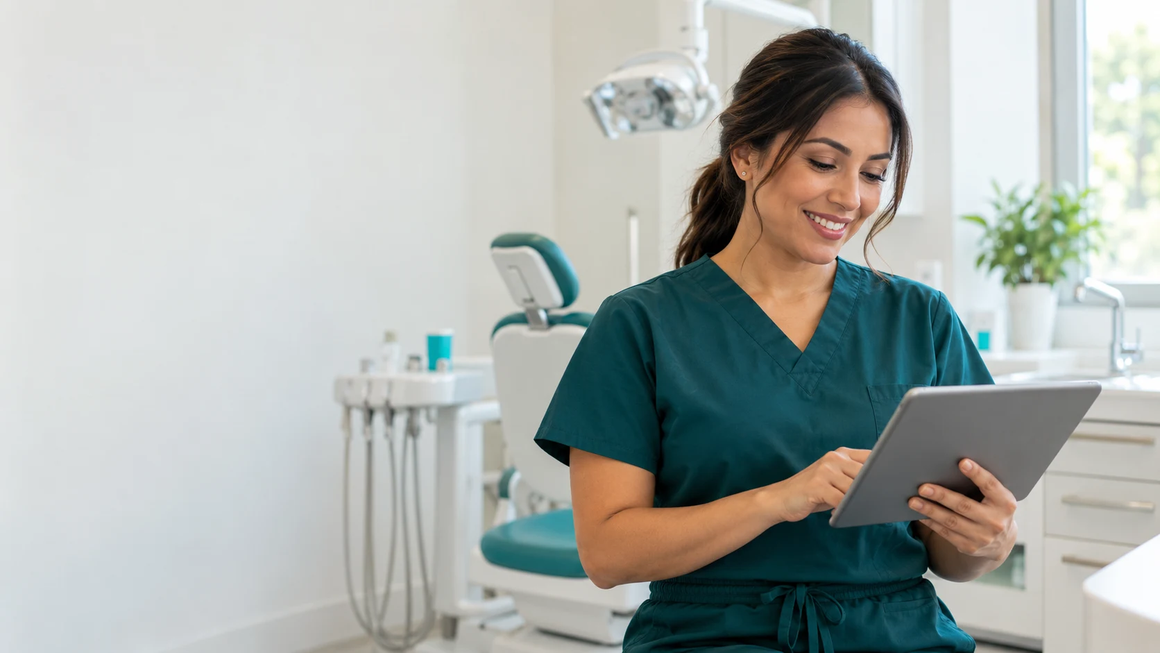 Odontóloga consultando una tableta en una clínica dental