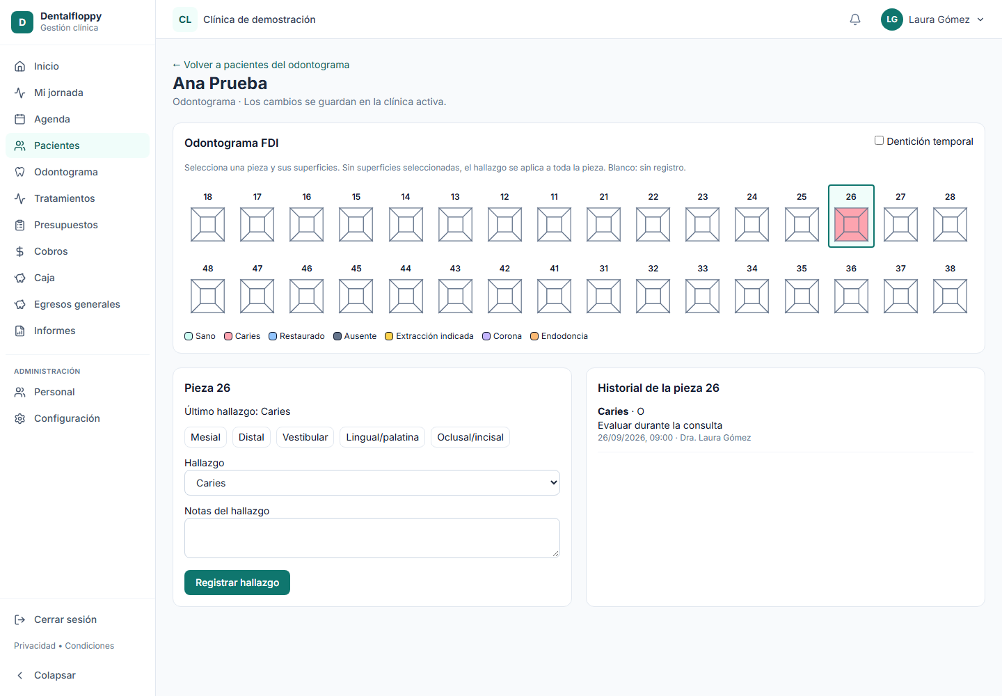 Odontograma de Dentalfloppy con dientes y superficies seleccionables